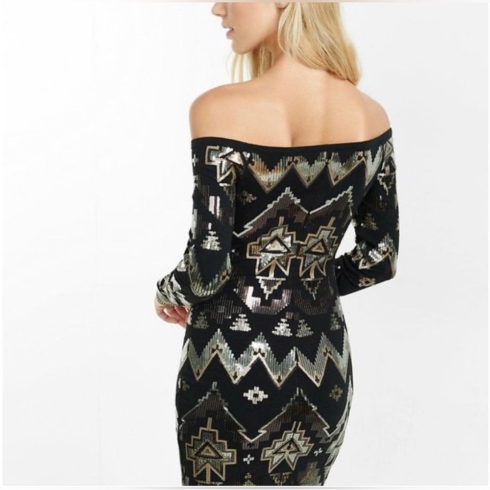 Express Black and Gold Sequined Geometric Long Sleeve Off the Shoulder Dress